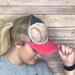 Baseball - Trucker Hat - Vintage - Blue and Red - Rhinestones